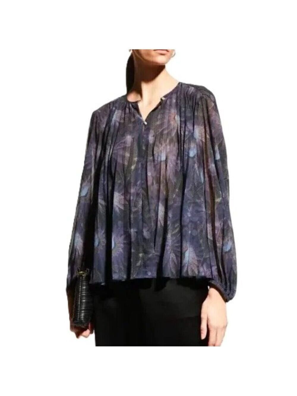 Vince‎ Deco Blue Sheer Floral Pleated Blouse Top Women's S
